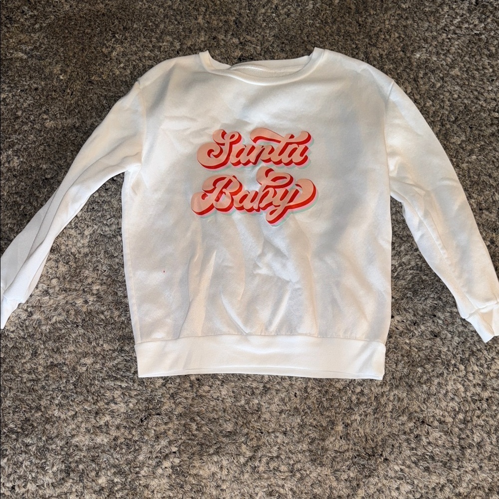 White Sweatshirt with Red 'Santa Baby' Print